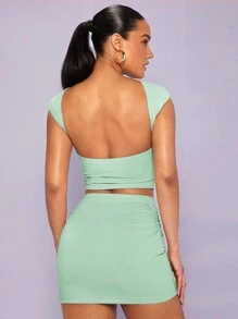 SHEIN BAE 2pcs Women Solid Color Sleeveless Cropped Top And Bodycon Mini Skirt Set - Mint Green - View 10