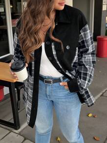 SHEIN LUNE 大码女式拼布格子长袖单排扣口袋休闲夹克，秋季感恩节女式新年冬装女式热卖，办公室穿着 - 彩色 - 查看 2