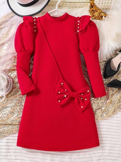 Tween Girl Elegant Pearl Puff Sleeve A-Line Dress With Bowknot Bag Decor, Autumn Winter, For Christmas