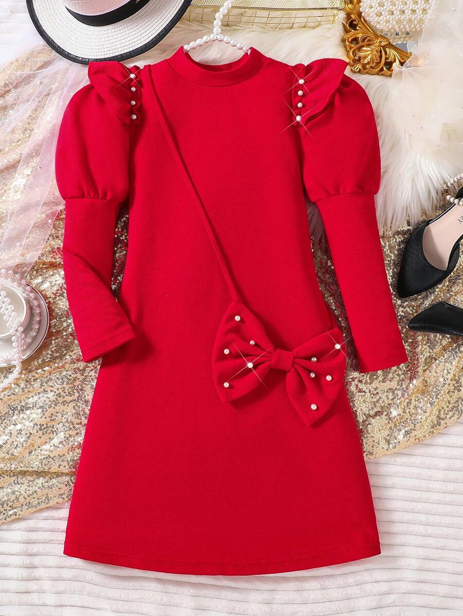 青少年女孩优雅珍珠泡泡袖 A 字裙配蝴蝶结包包装饰，秋冬装，适合圣诞节 - 酒紅色 - 查看 1