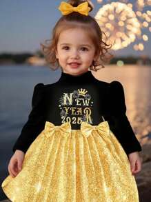 SHEIN Abito da bambina con motivo a fuochi d'artificio adorabile, collo alto, maniche a palloncino, decorato con fiocco e fascia per la testa, adatto per uscite