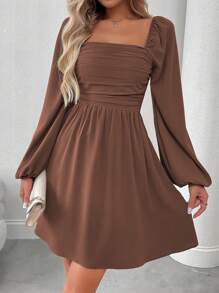 EMERY ROSE Women Square Neck Long Sleeve Ruched Simple Casual Short Dress Fall Cloth For Women - Brown - View 4