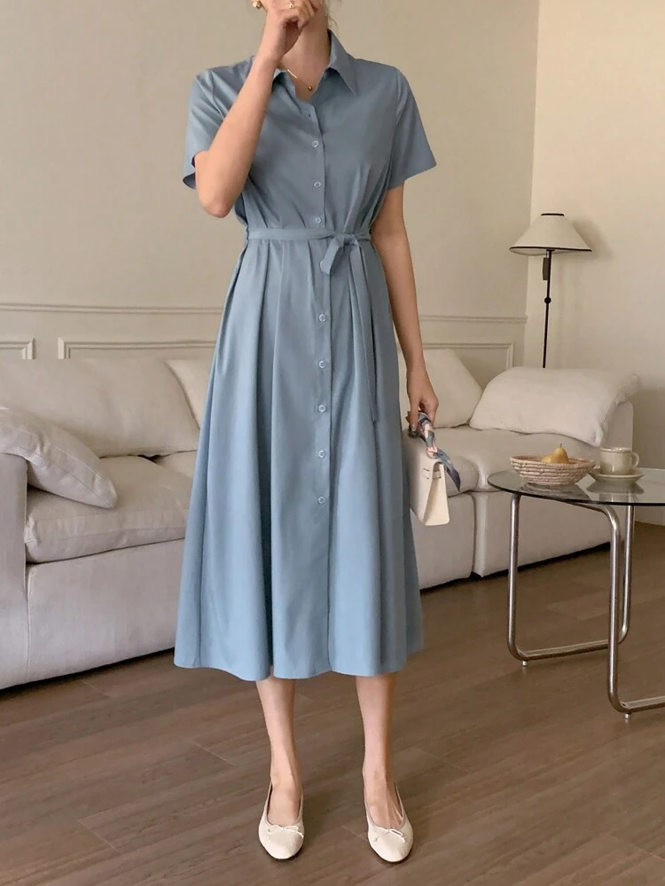 Loose Shirt Collar Short Sleeve Drawstring Waist Casual Dress For Women Sundress