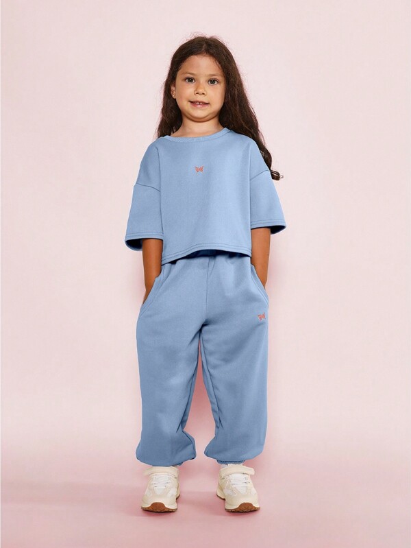 SUMWON Conjunto de 2 piezas con camiseta bóxer ajustada y pantalón jogger con estampado gráfico de mariposa para niñas pequeñas, atuendo diario y de juego