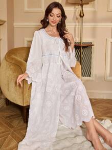 3 件套：刺绣花卉贴花无袖长睡袍和睡袍