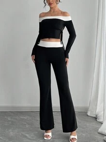 INAWLY 2pcs Women's Color Block Off Shoulder Top And Flare Leg Pants Elegant Casual Suit
