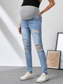 SHEIN Maternity Distressed Skinny Stretch Denim Jeans - Light Wash - View 4