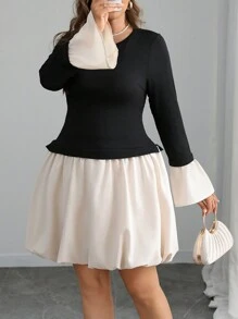 Flirla Plus Size Women Elegant Casual Cute Commuting Party Color Block Round Neck Knit Patchwork Short Sleeve Mini Dress Fall Cloth For Women - Black - View 1