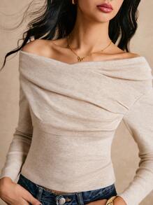 Poéselle 新款露肩套头针织打底衫，秋季露肩女式毛衣上衣