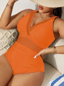 SHEIN Swim Curve Plus Size Solid Color Sleeveless V-Neck Contrast Mesh Casual Vacation One-Piece Swimsuit Summer
