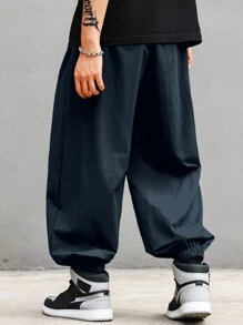 Manfinity Hypemode Men's Solid Color Drawstring Waist Pocket Pleated Loose Jogger Pants, Fall - Navy Blue - View 2