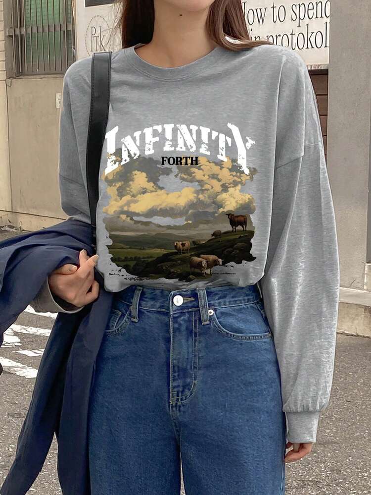 Women's Round Neck Landscape Print Short Sleeve T-Shirt, Gray, Spring/Summer/Autumn Long Sleeve Women Tops,Fall Women Clothes