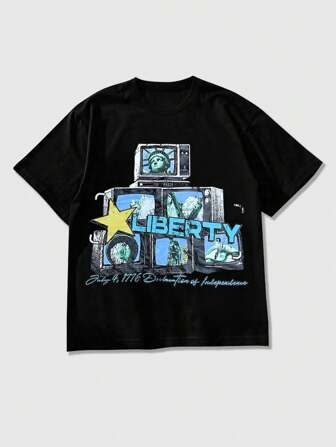 Street Life T-shirt décontracté à manches courtes, col rond, avec graphique lettre et pentagramme pour hommes
