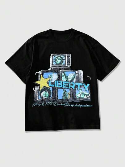 Street Life Men's Vintage Letter & Pentagram Graphic Round Neck Short Sleeve Casual T-Shirt