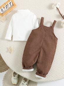 SHEIN Leap Crew 2pcs/Set Baby Boy/Girl Casual Adorable Mock Neck Top + Solid Color Overall Pants With 3D Ears Design - Brown - View 2