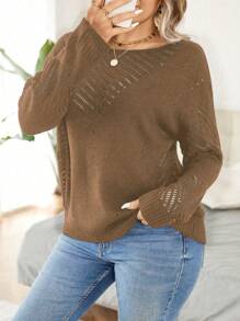 SHEIN LUNE Große Größen einfarbiger Langarm Cut Out Pullover, lässiger Alltagspullover Strick Pullover Herbst Winter