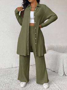 SHEIN Frenchy 2 stuks gebreide plus size dames lente/herfst effen kleur lange mouwen enkelrijs lange top en broek casual set, oud geld, luchthavenoutfit, herfstoutfits