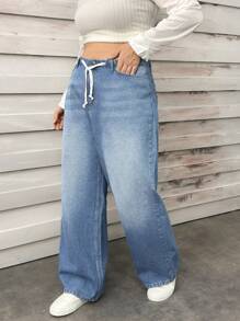 RueChic Plus Mid Waist Ribbon Belt Wdeleg Jean - Medium Wash - View 6