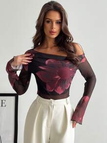 Firerie 秋冬优雅花卉印花不对称下摆露肩长袖 T 恤，图案 T 恤