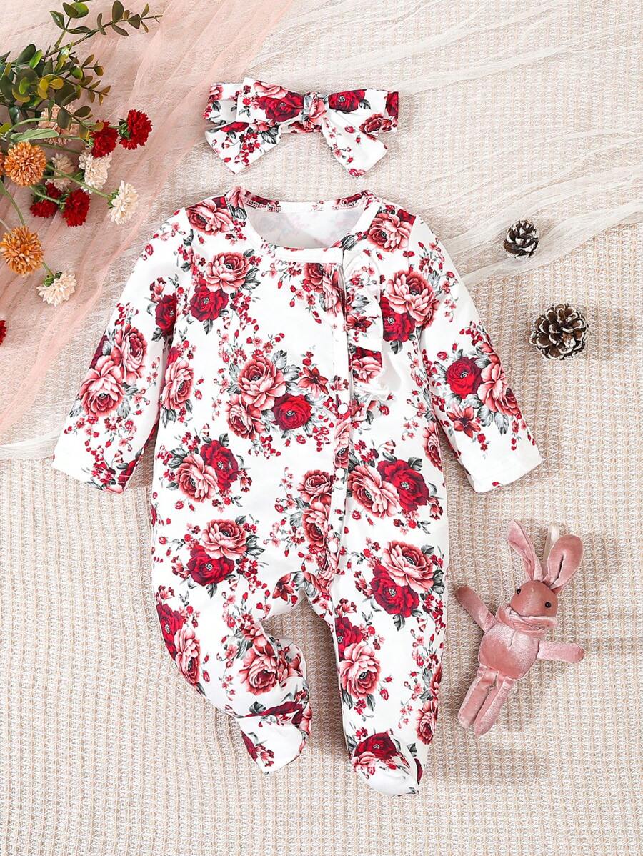 SHEIN 1件女婴白色可爱大红花印花连体睡衣 - 紅白色 - 查看 1