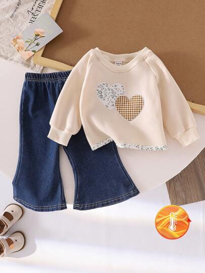 2 peças de moletom floral ditsy para bebê menina com gráfico bordado e calças jeans, roupa primavera outono