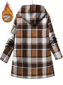 INAWLY Hooded Zip Pocket Plaid Print Cardigan Jacket, Thick Lining, Plus Size, Autumn/Winter Fall Cloth For Women - Khaki - View 2