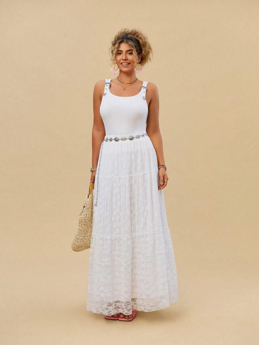 SHEIN VCAY 大码杏色蕾丝分层裙，波西米亚风西部游牧优雅浪漫裙 - 杏色 - 查看 1