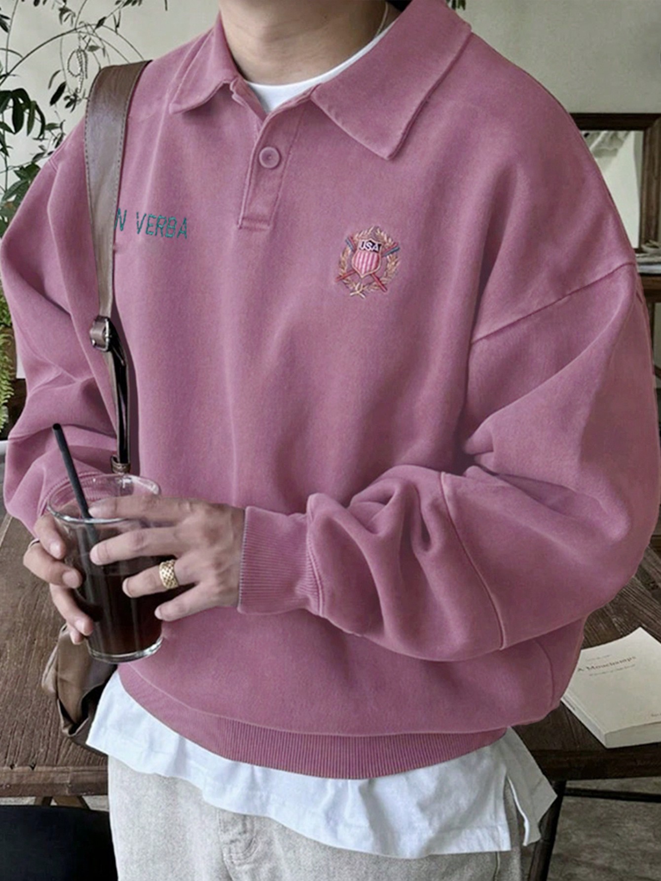 Manfinity Dauomo Men's Letter Embroidery Polo Collar Long Sleeve Casual Pullover Sweatshirt For Autumn