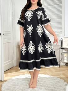 Camisón de manga corta holgado con estampado, vestido de dormir tipo "Moo Moo" de talla grande - Multicolor - Ver 4