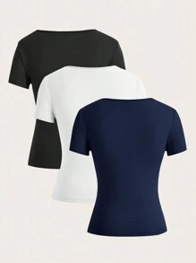 Poéselle Multicolor Women's V-Neck Knit T-Shirts – Short Sleeve Slim Fit Basic Tees, Multipack Soft Stretch Tops - Navy Blue - View 2