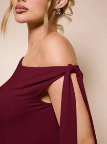 SHEIN BAE Bộ đồ liền thân không tay màu mơ mùa hè ngọt ngào cho nữ đi chơi ngày lễ lãng mạn cổ bất đối xứng xoắn - Màu Đỏ Sâu - Xem 6