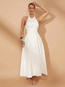 Lumalex Summer Vacation Bohemian BOHO Sea Beach Hot Outdoor Richly Layered Wedding Season Banquet Coming Of Age Ceremony Beach Seaside Spring Holiday Party Banquet Wedding Elegant High-End Waist Cinching Backless Halter Long Dress For Women - White - View 3