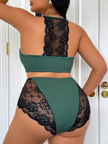 2 件套花卉蕾丝针织面料无线全罩杯文胸和高腰三角裤套装，舒适日常穿着，加大码，苔绿色和黑色