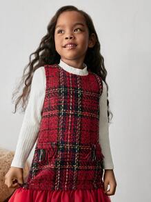 Maija Kids Maija Kids 年轻女孩休闲粗花呢撞色网眼拼接连衣裙 - 紅色 - 查看 5