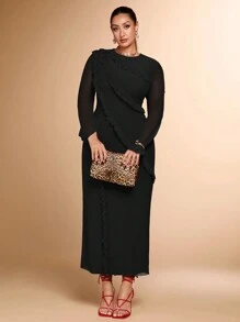 SHEIN BAE Vestido de manga larga de malla ajustado con cuello redondo, color rojo sólido, diseño de volantes multicapa, adecuado para fiestas de cócteles, citas románticas, vestido de punto de otoño e invierno, fiesta, evento formal, boda, dama de honor, cena, Halloween, Navidad, tallas grandes