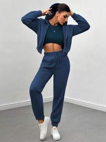 Chiquease 2pcs Women Casual Solid Color Hoodie & Sweatpants Set, Autumn/Winter - Royal Blue - View 1
