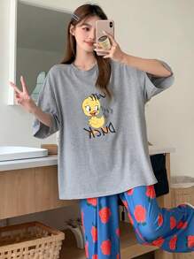 DAZY 可爱卡通鸭子印花短袖上衣和花卉图案宽松睡裤两件套家居服套装 - 灰色 - 查看 7