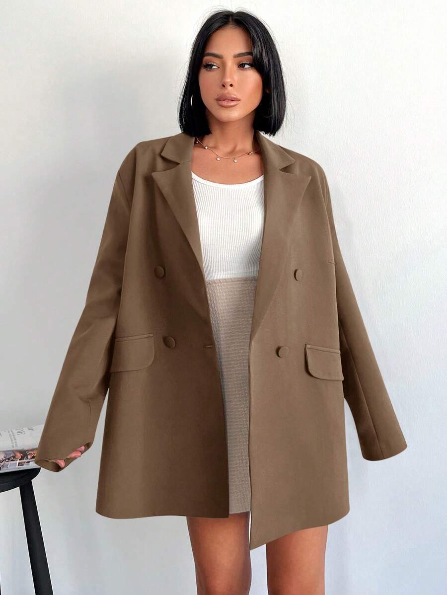 RueChic Double Breasted Lapel Collar Blazer - Camel - View 1