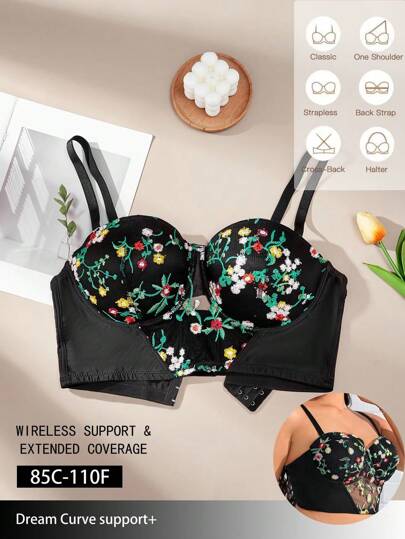 1pc Plus Size Embroidered Underwire Lingerie Bra