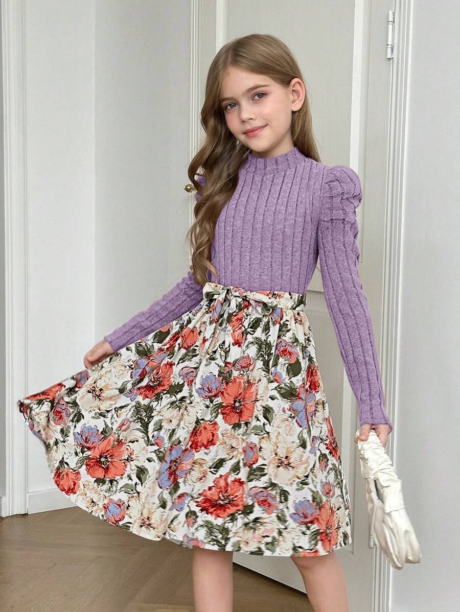 SHEIN Tween Girls Small Collared Knitted Patchwork A-Line Woven Floral ...