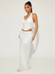 SHEIN SXY Quần áo mùa thu cho phụ nữ; Áo vest cổ trễ bằng vải dệt màu trắng gợi cảm dành cho phụ nữ thường ngày và váy dài thẳng cạp thấp Bộ hai món; Áo cánh buộc dây lưng đơn sắc cổ điển thường ngày đa năng dành cho người đi làm và váy cạp thấp Bộ trang phục 2 món/Áo và váy/Trang phục công sở cho phụ nữ/Váy đi chơi - trắng - Xem 1