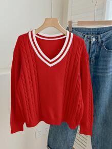 SHEIN Teengirl Oatmeal V-Neck Oversized Colorblock Casual Long Sleeve Sweater, Suitable For Back To School, Street, Work - Multicolor - View 4