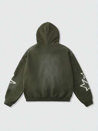 Street Life Men's Autumn Letter & Pentagon Star Print Zip-Up Drawstring Hoodie Sweatshirt, Vintage Street Style