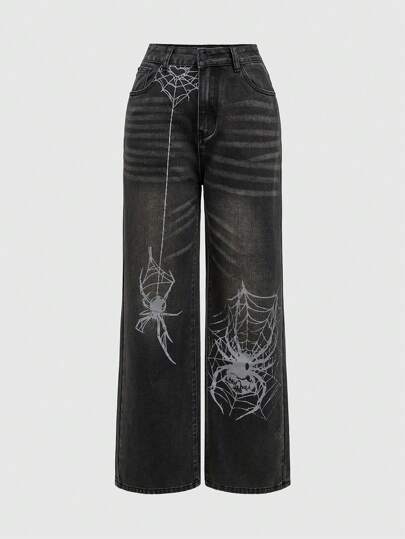 Grunge Punk Jeans boyfriend taille basse pour femmes, jambe droite, imprimé araignée délavé