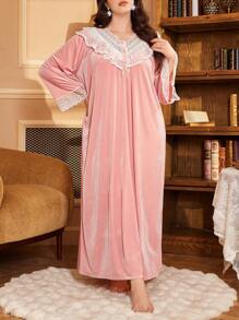 Plus Size Contrast Color Lace Tassel V-Neck Velvet Loose Nightgown - Pink - View 4
