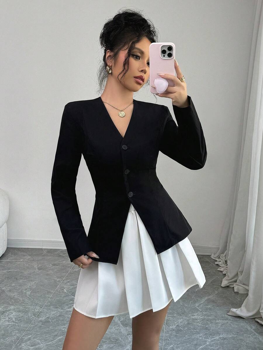 Chiquease 2pcs/Set Black Blazer And White Pleated Skirt - Black - View 1