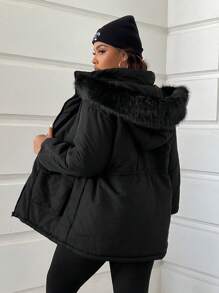 SHEIN EZwear Plus Size Women Solid Color Drawstring Waist Long Sleeve Hooded Casual Padded Coat, For Winter - Black - View 5