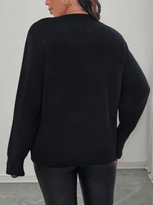 SHEIN LUNE Suéter casual de Navidad con cuello redondo, manga larga, lentejuelas doradas brillantes y decoración de lazo para mujer de talla grande en otoño/invierno - Negro - Ver 2