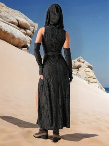 Glamine Apocalyptic Dune 现代荒地灰色针织性感开衩连衣裙，带抽绳兜帽，长袖，袖口，高开衩，做旧面料，派对主题，适合秋冬季，女士冬装，毛衣裙，狂欢节服装，Fairycore，新年连衣裙，情人节连衣裙，角色扮演服装，黑色连衣裙长款女装 - 灰色 - 查看 2