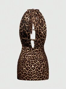 ROMWE Grunge Punk Seksowna sukienka mini z nadrukiem w panterkę, krzyżowym wisiorkiem i odkrytymi plecami